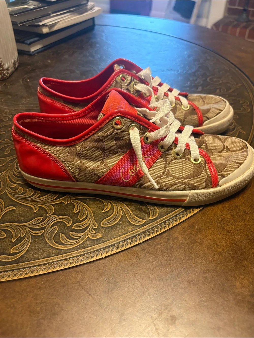 Coach Tan Signature Canvas Women’s Sneakers with Red Trim - Picture 2 of 4